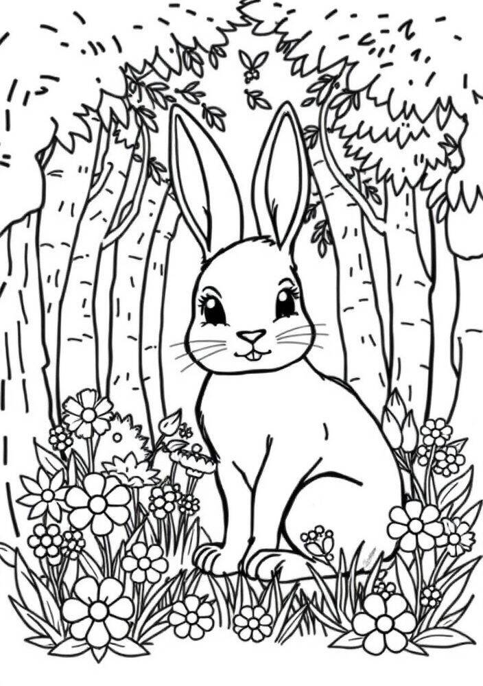 Desenho de um coelho sorridente cercado por flores na floresta para colorir