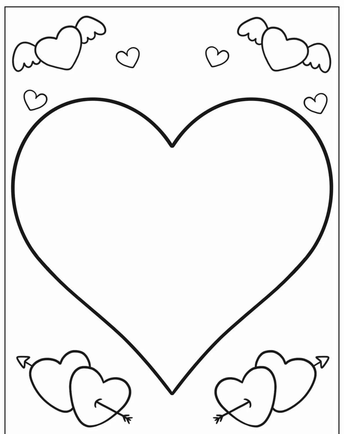 Desenho de coração grande com asas de anjo e flechas ao redor para colorir.