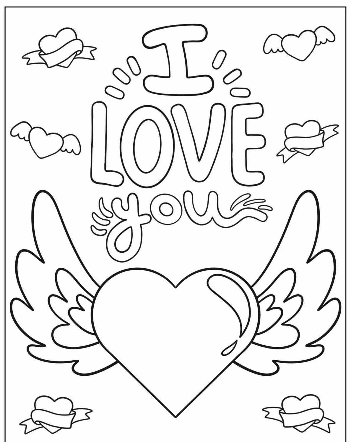 Desenho para colorir de um coração com asas e a frase 'I Love You'