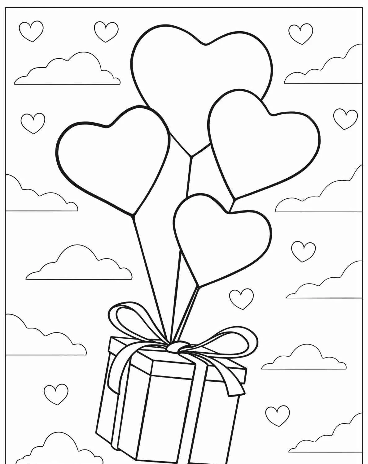 Desenho de um presente com balões em forma de coração para colorir