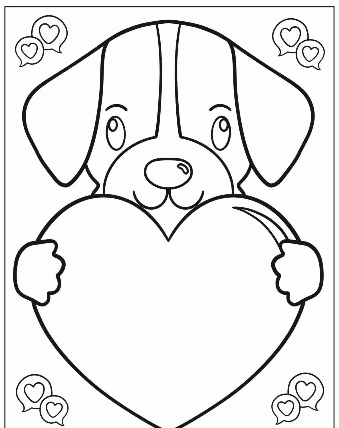 Desenho de um cachorrinho segurando um coração grande
