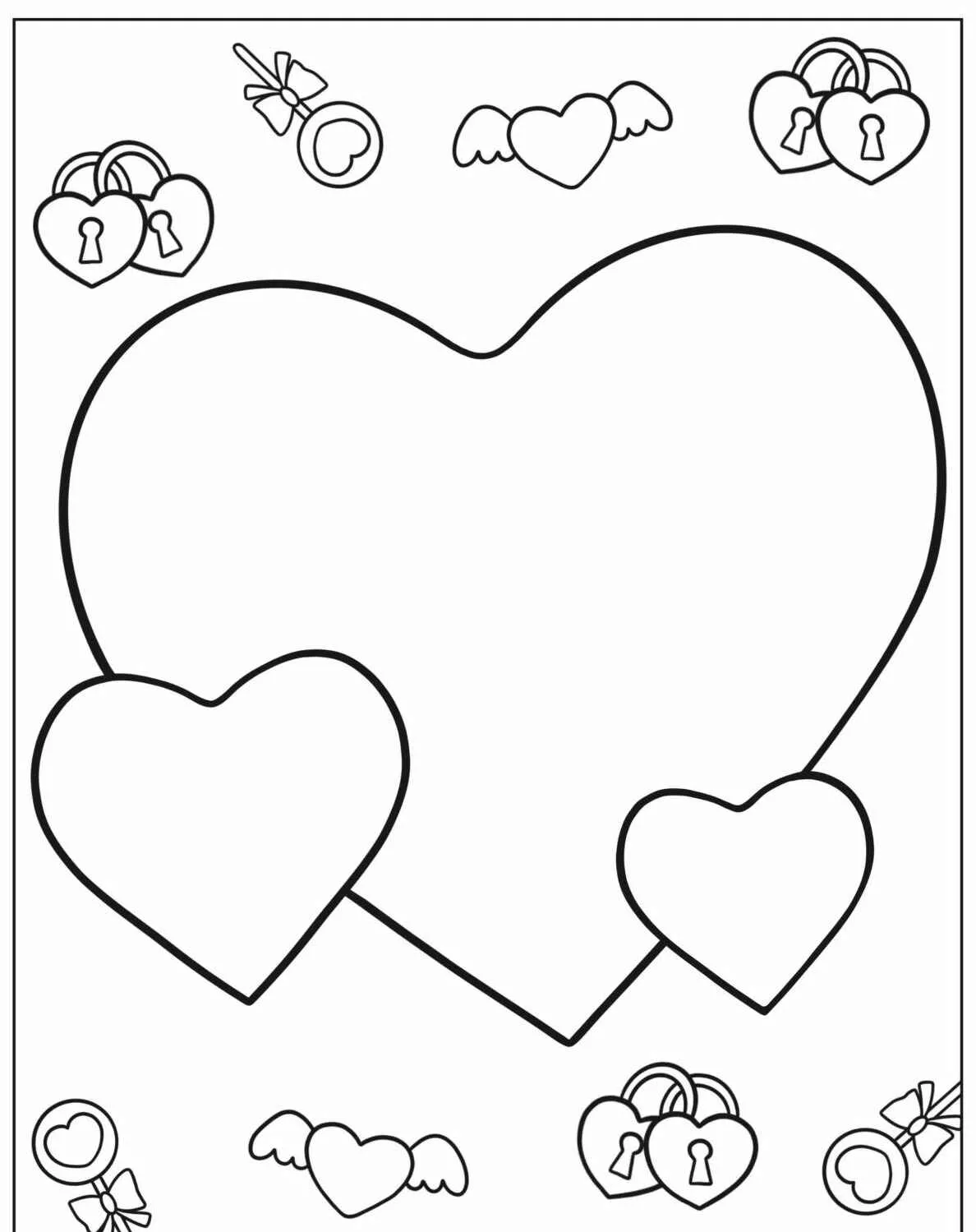Desenho de corações com cadeados e asas para colorir