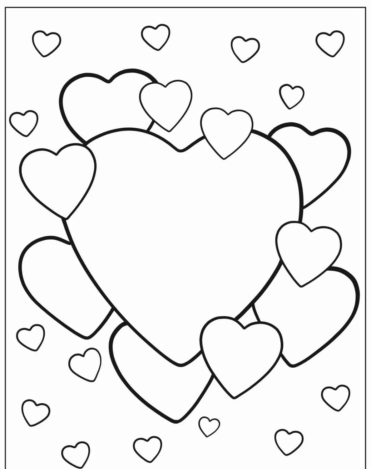Desenho de corações variados para colorir, ideal para crianças e adultos.