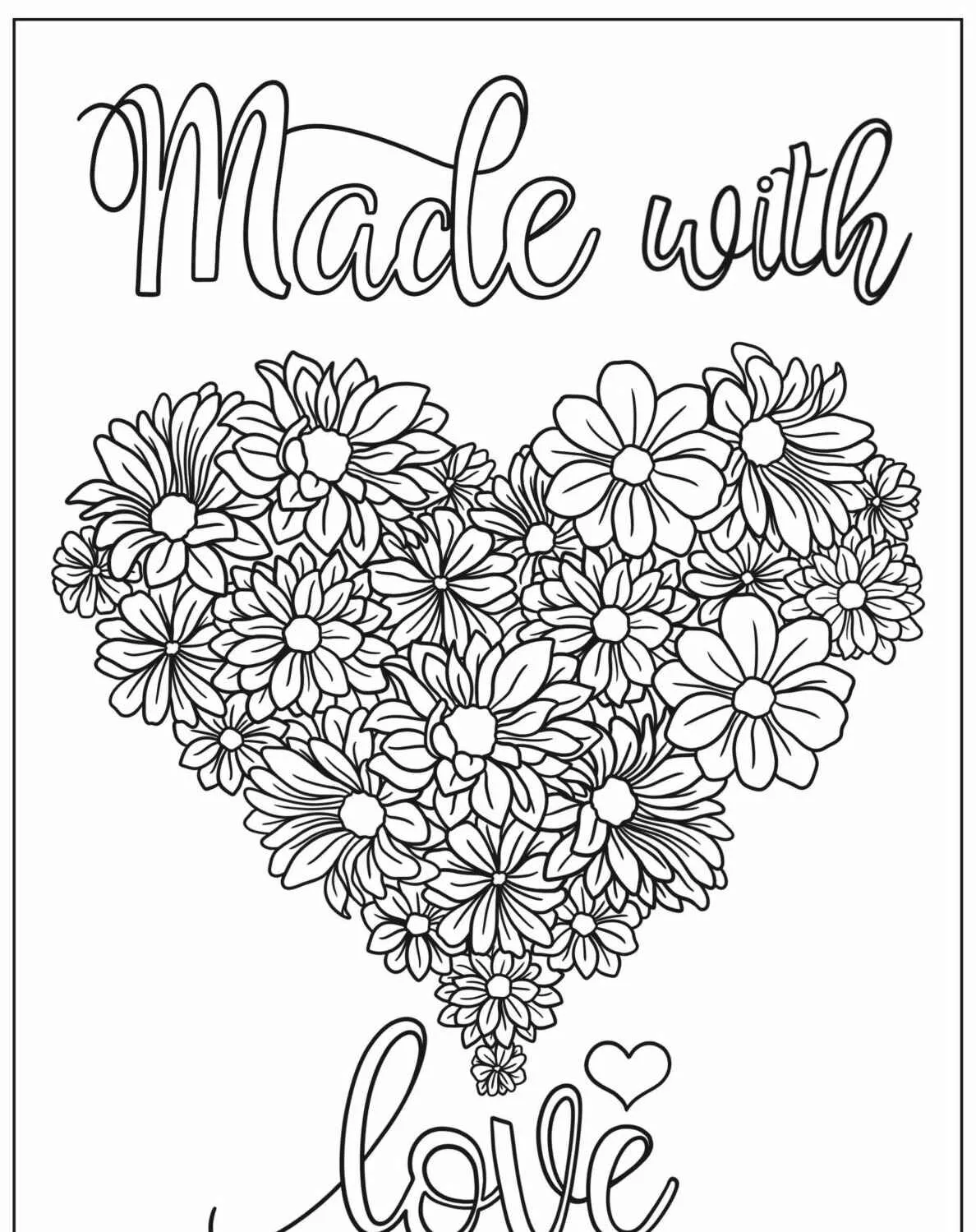 Desenho de um coração formado por flores com a frase 'Feito com Amor' para colorir