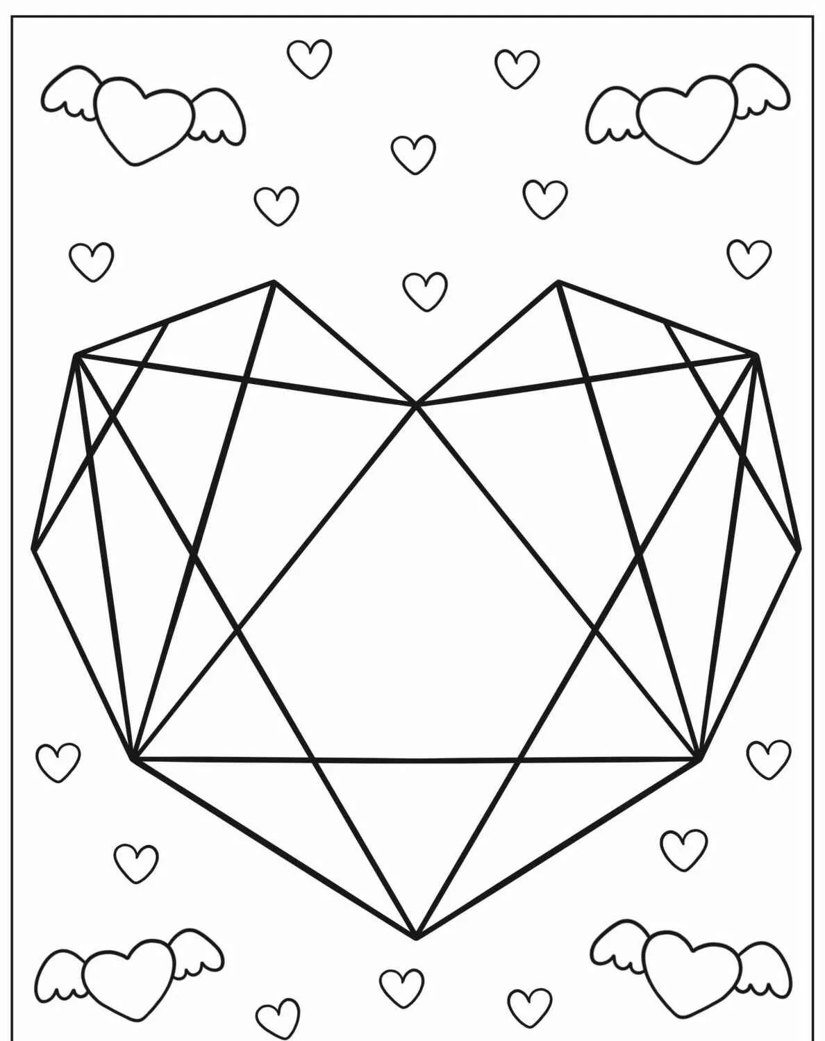 Desenho de um coração geométrico com asas e pequenos corações ao fundo para colorir.
