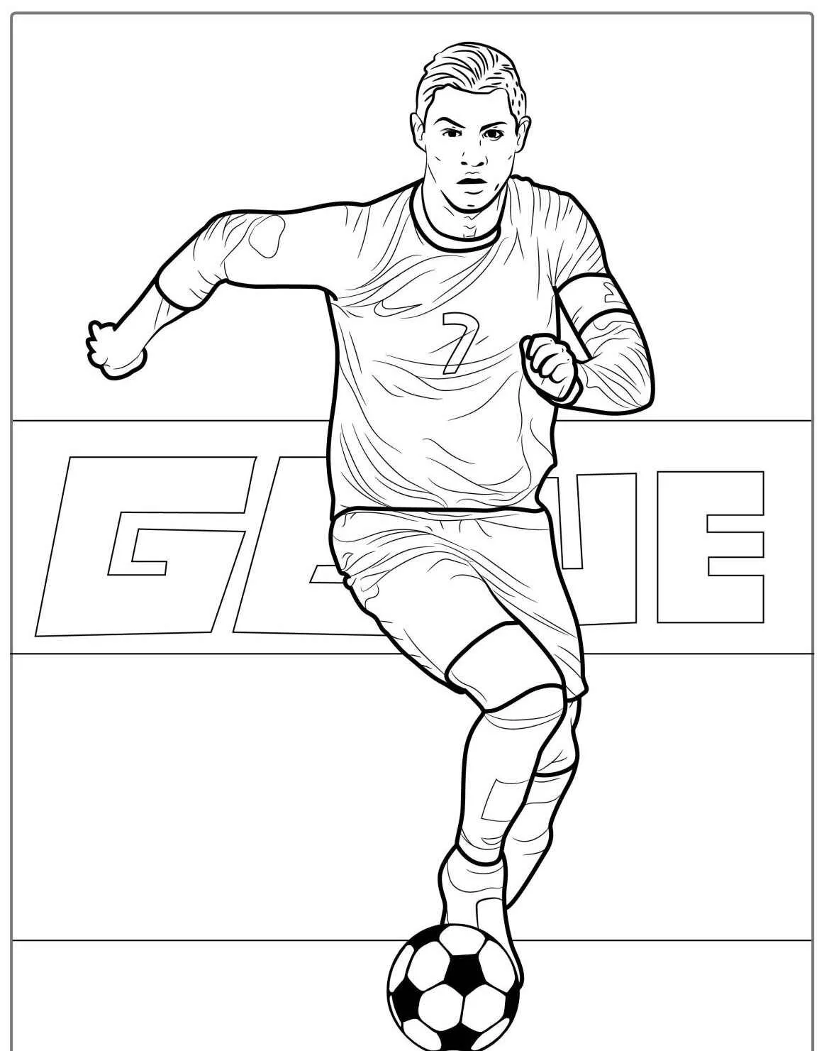 Desenho em preto e branco de Cristiano Ronaldo correndo com a bola de futebol