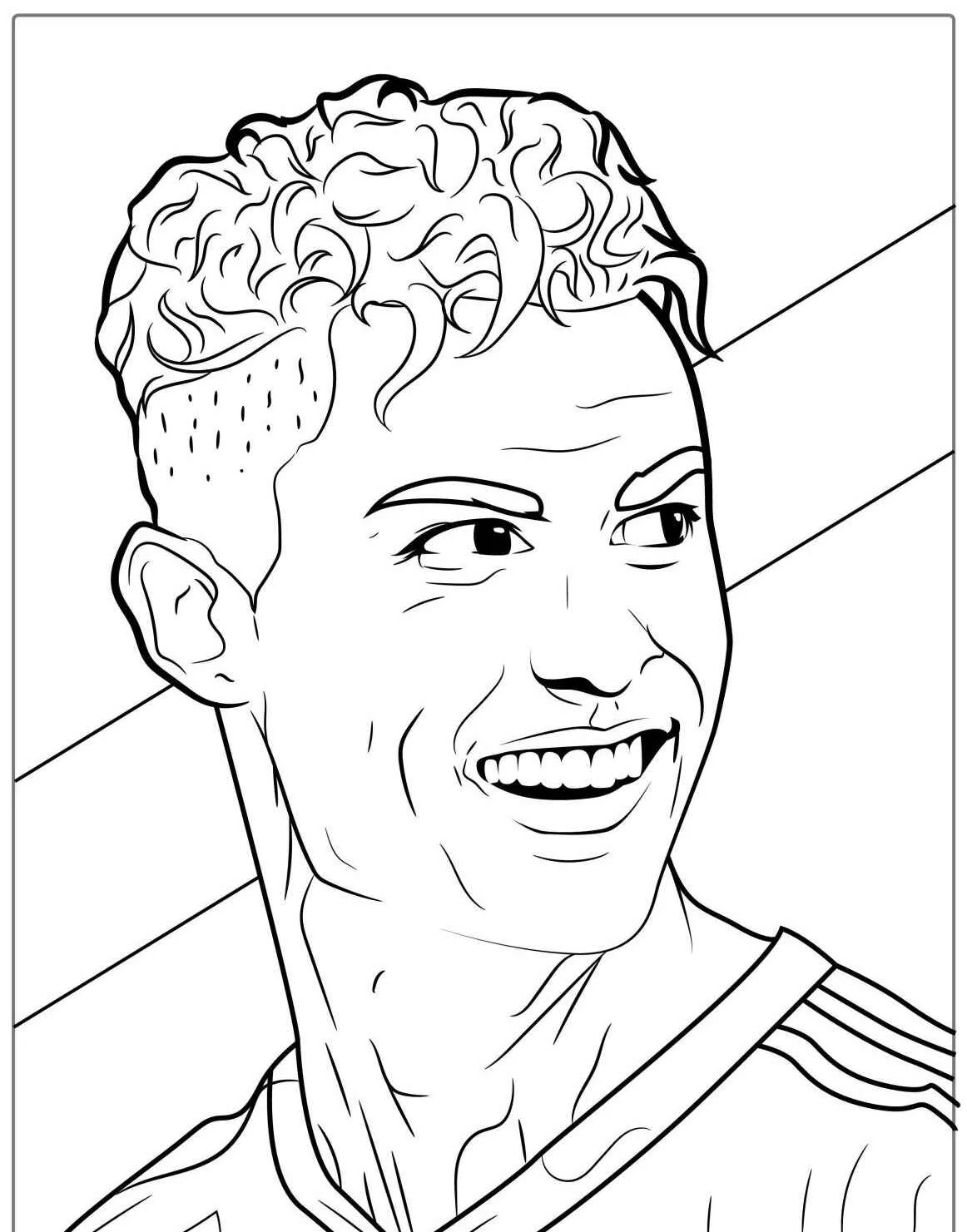 Desenho em preto e branco de Cristiano Ronaldo sorrindo, ideal para colorir.