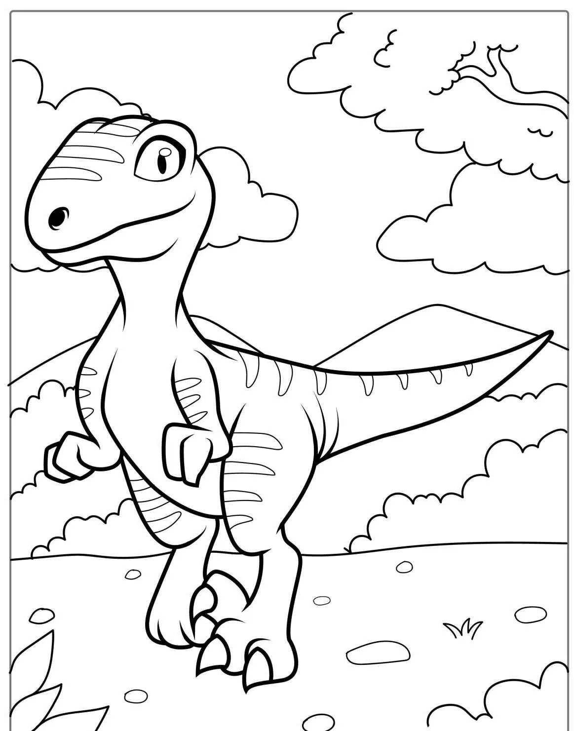 Desenho de um dinossauro amigável em um cenário natural para colorir