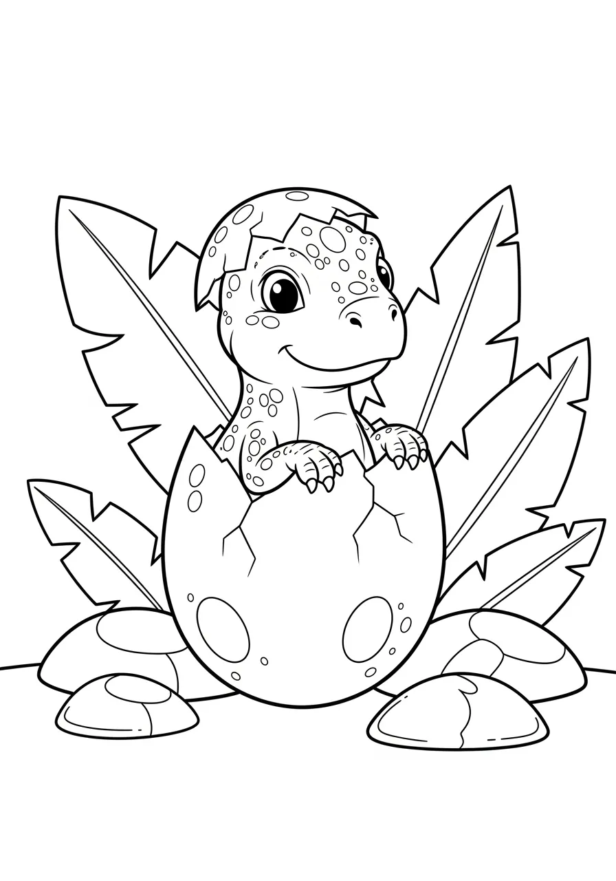 Desenho de um dinossauro bebê saindo do ovo, cercado por folhas e pedras.