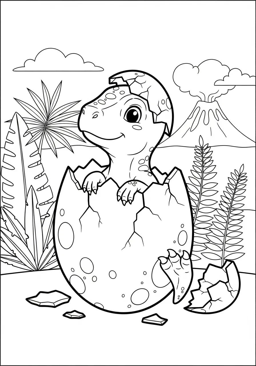 Desenho de um dinossauro bebê rompendo o ovo em um cenário pré-histórico