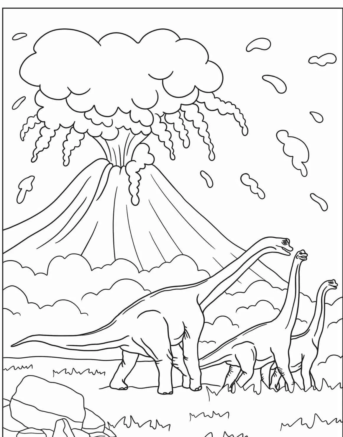Desenho de dinossauros Brachiosaurus caminhando perto de um vulcão em erupção, para colorir.