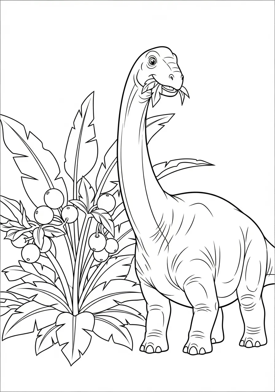 Desenho de um Brachiosaurus ao lado de plantas para colorir
