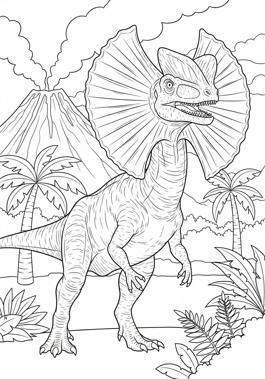 Desenho para colorir de um dinossauro Dilofossauro em um cenário pré-histórico