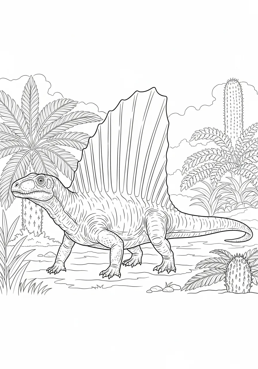 Desenho de um dinossauro Dimetrodon em um ambiente pré-histórico para colorir