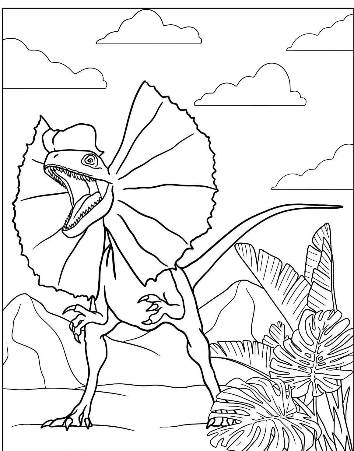 Desenho para colorir de um dinossauro Dimetrodon em um ambiente pré-histórico