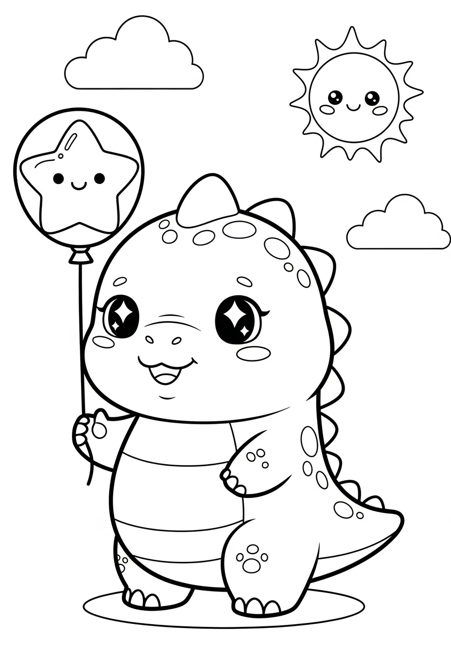 Desenho de um dinossauro fofo segurando um balão em um cenário ensolarado