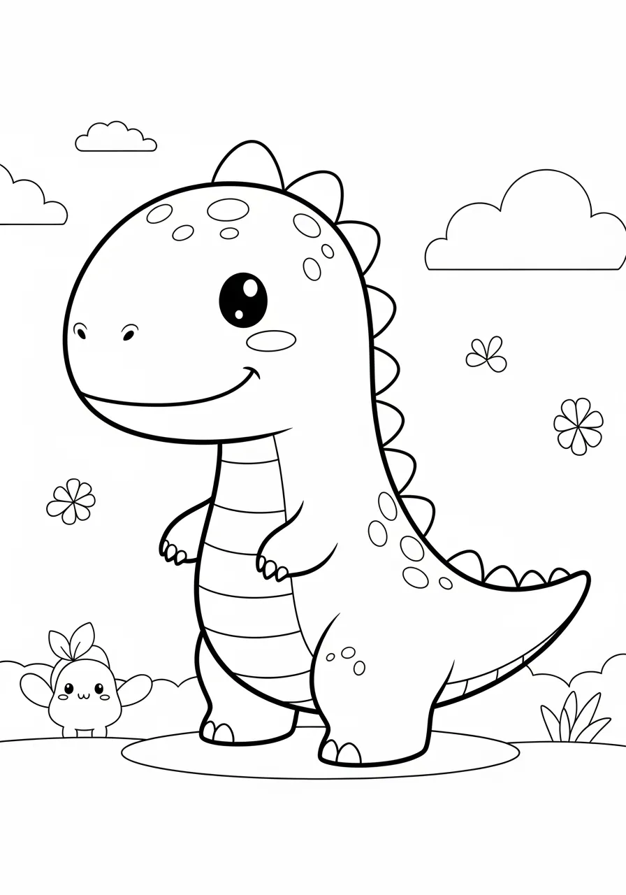 Desenho de um dinossauro fofo sorridente em um cenário de natureza
