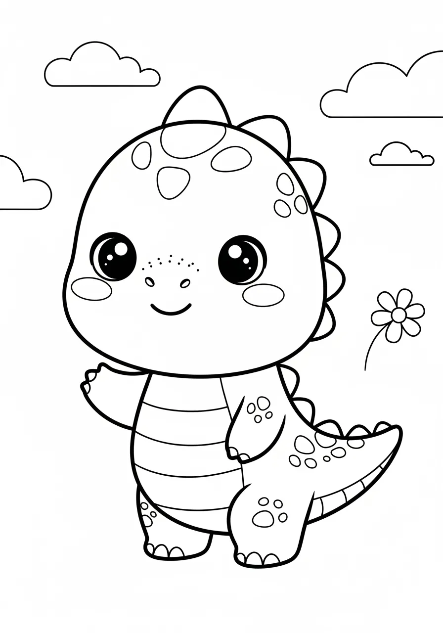 Desenho de um dinossauro fofo com olhos grandes e sorriso, ideal para colorir