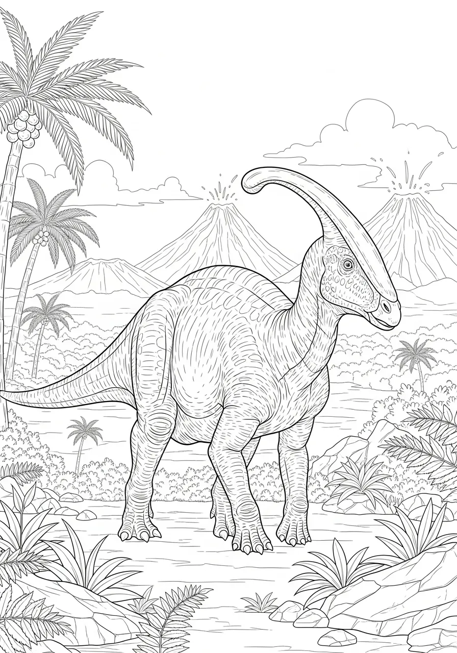 Desenho de um dinossauro Hadrossauro em um ambiente pré-histórico