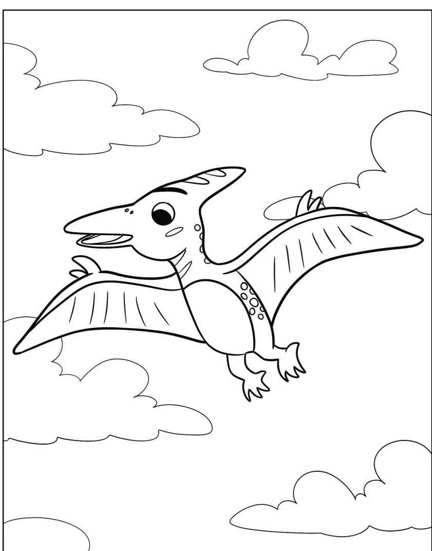 Desenho de um Pterodáctilo voando entre nuvens para colorir