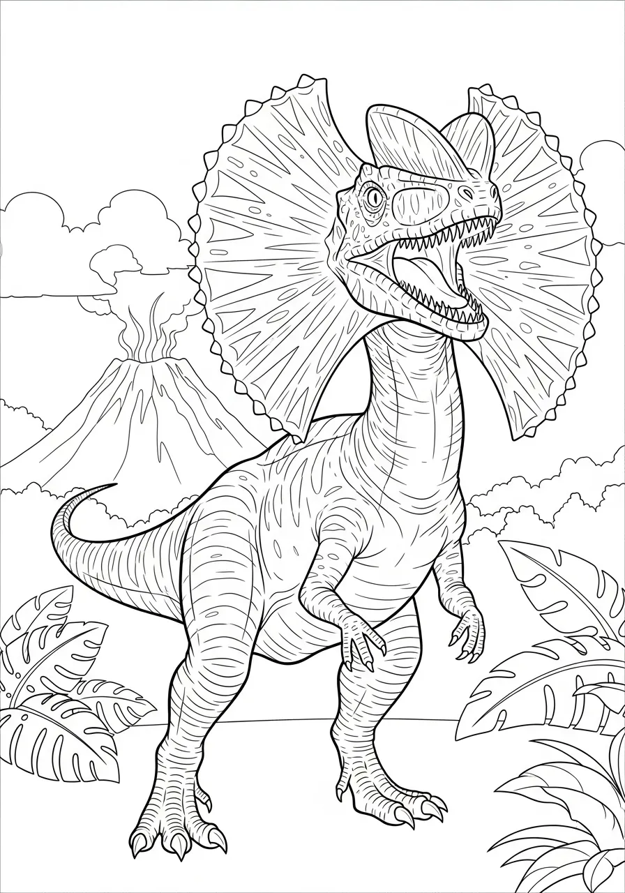 Desenho de um dinossauro Spinosaurus em um ambiente pré-histórico