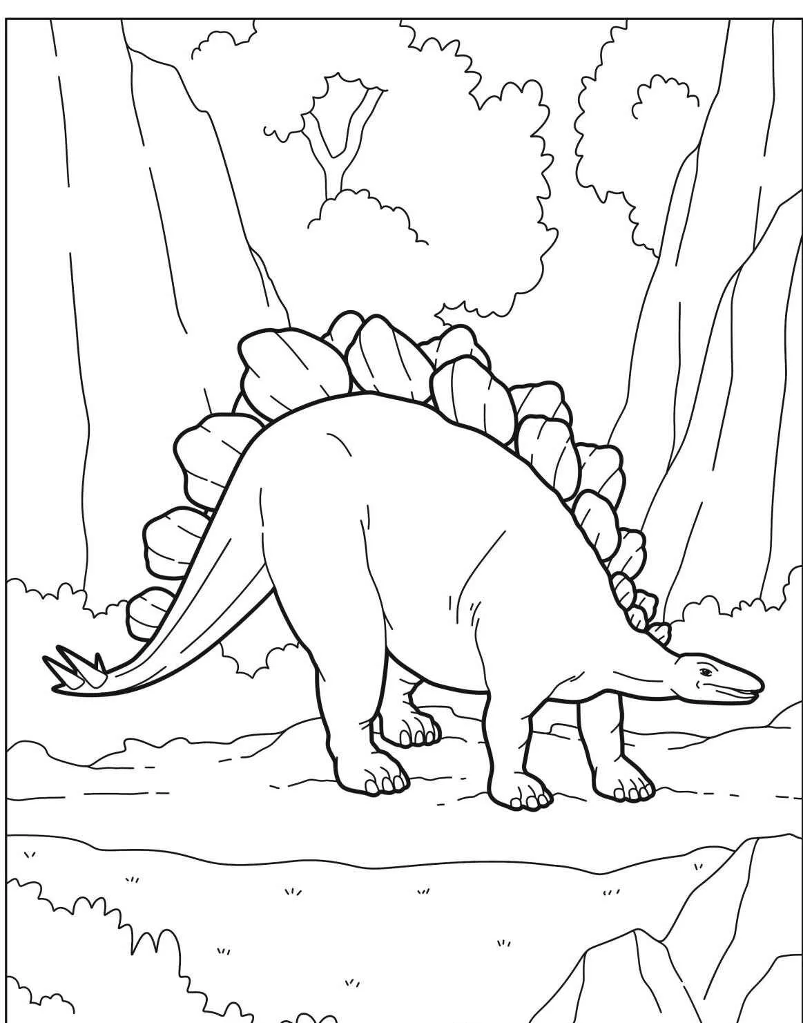 Desenho de um Stegosaurus com placas nas costas em um ambiente natural para colorir
