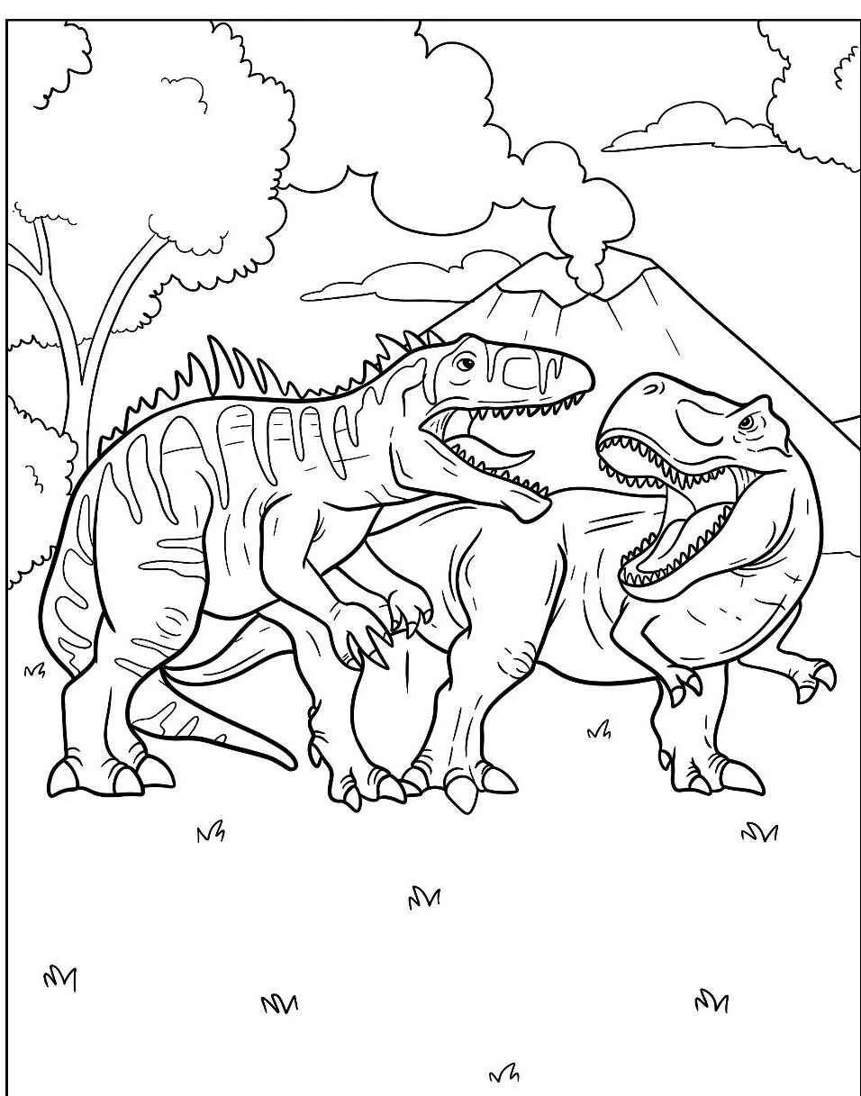 Desenho de dois dinossauros T-Rex em uma cena de luta com vulcão ao fundo