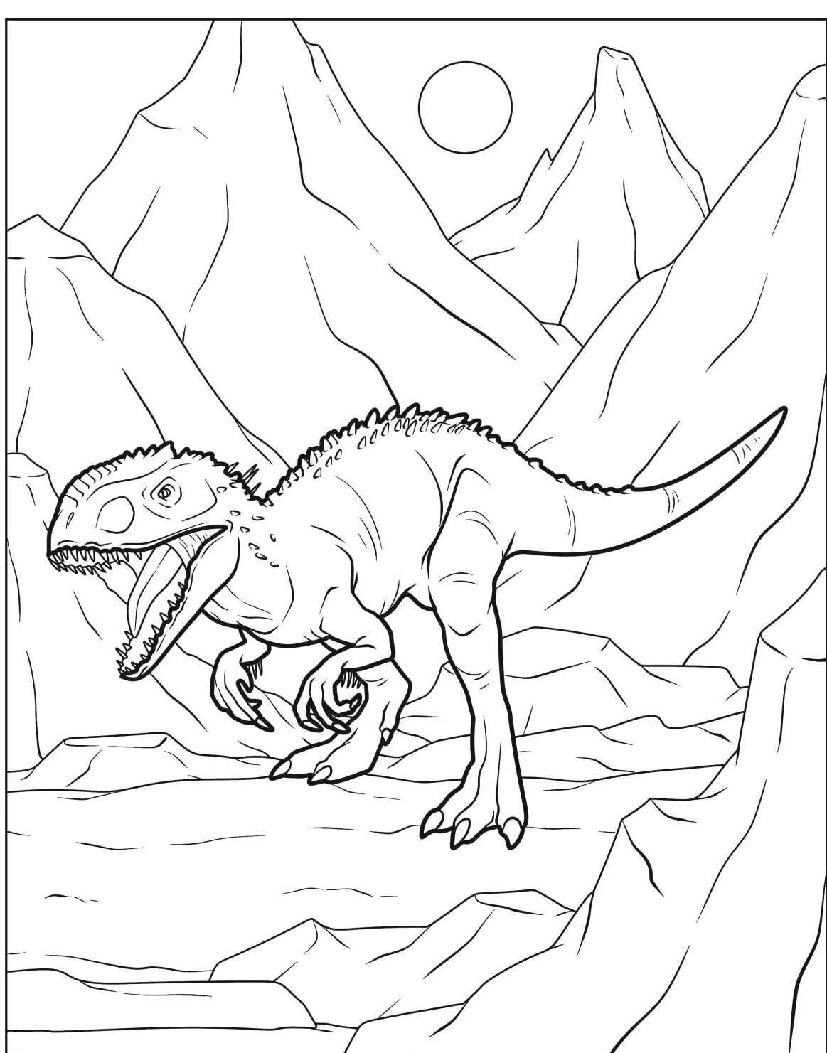 Desenho de um dinossauro T-Rex em uma paisagem montanhosa, pronto para colorir.