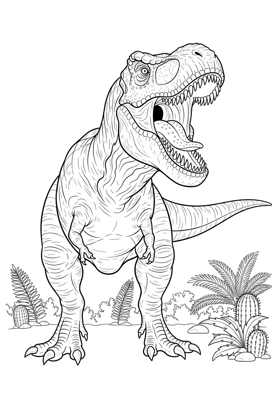 Desenho para colorir de um dinossauro T-Rex em um ambiente natural