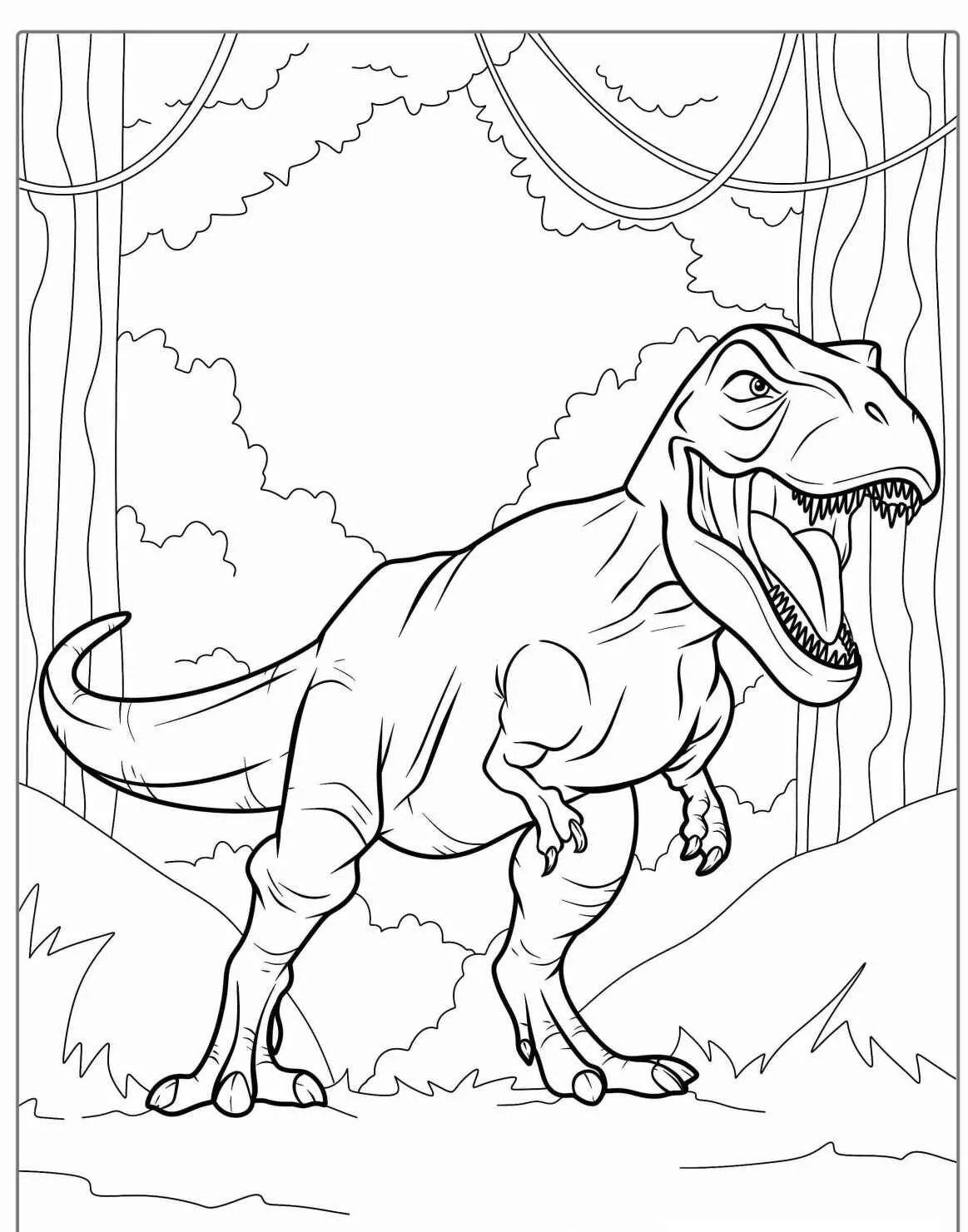 Desenho de um T-Rex em um ambiente de floresta para colorir