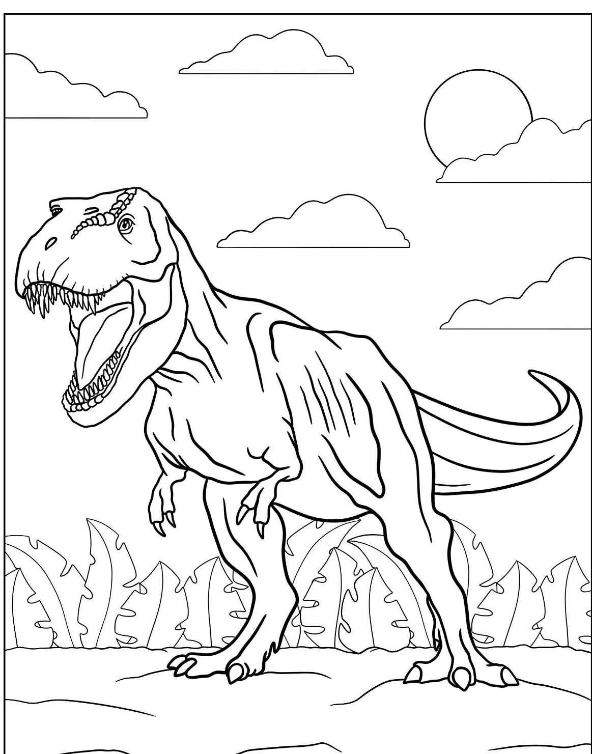 Desenho de um dinossauro T-Rex rugindo em um cenário pré-histórico