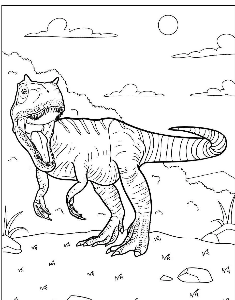 Desenho para colorir de um dinossauro T-Rex em um ambiente natural