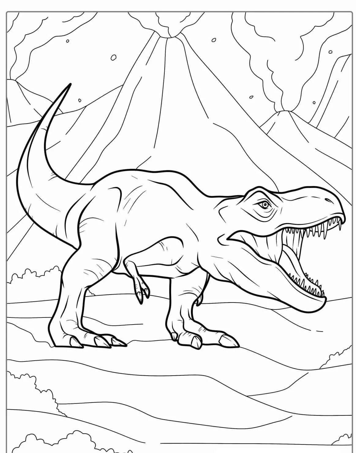 Desenho de um T-Rex rugindo em um cenário pré-histórico