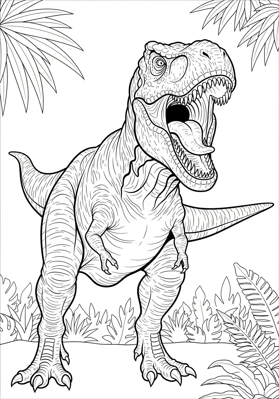 Desenho de um dinossauro T-Rex rugindo em um ambiente pré-histórico