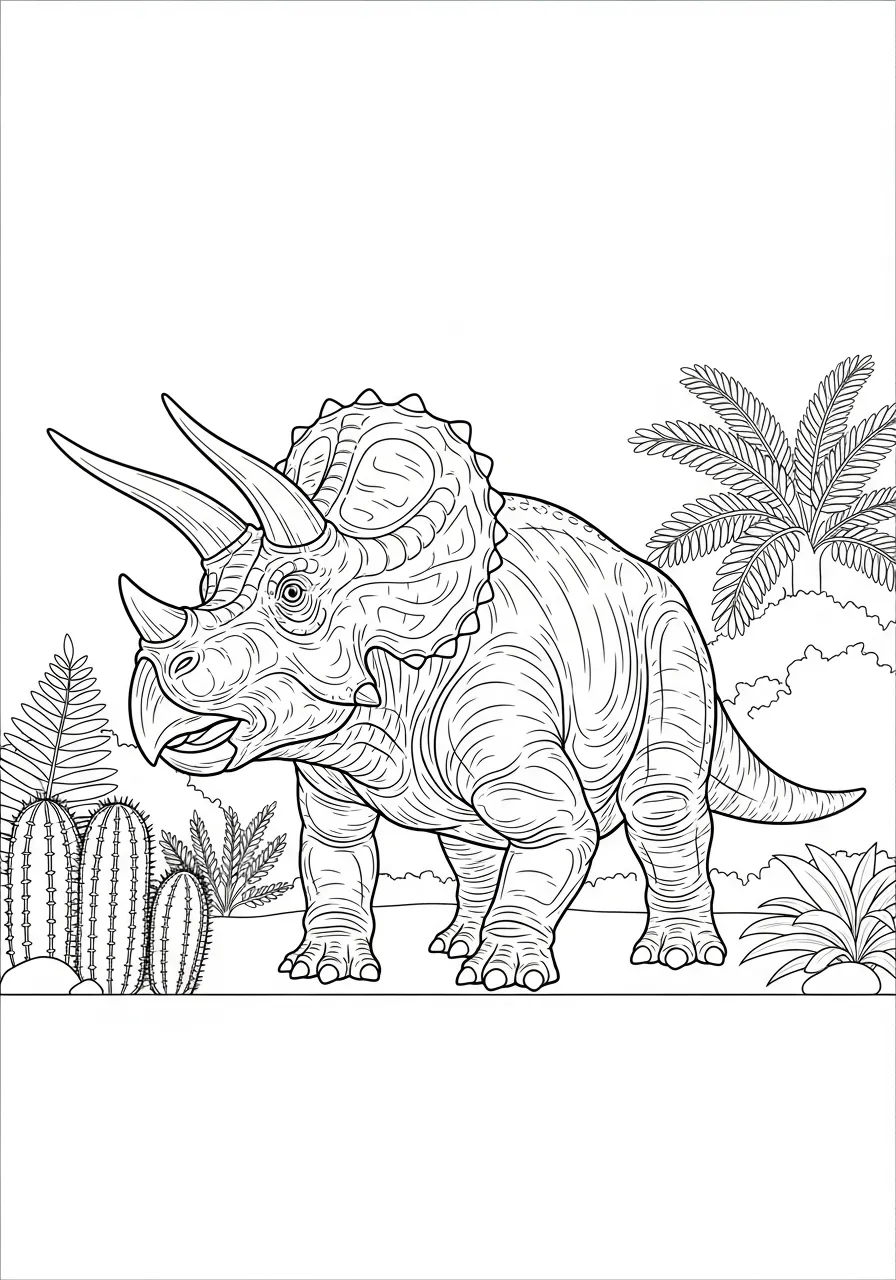 Desenho em preto e branco de um dinossauro Triceratops em um ambiente natural