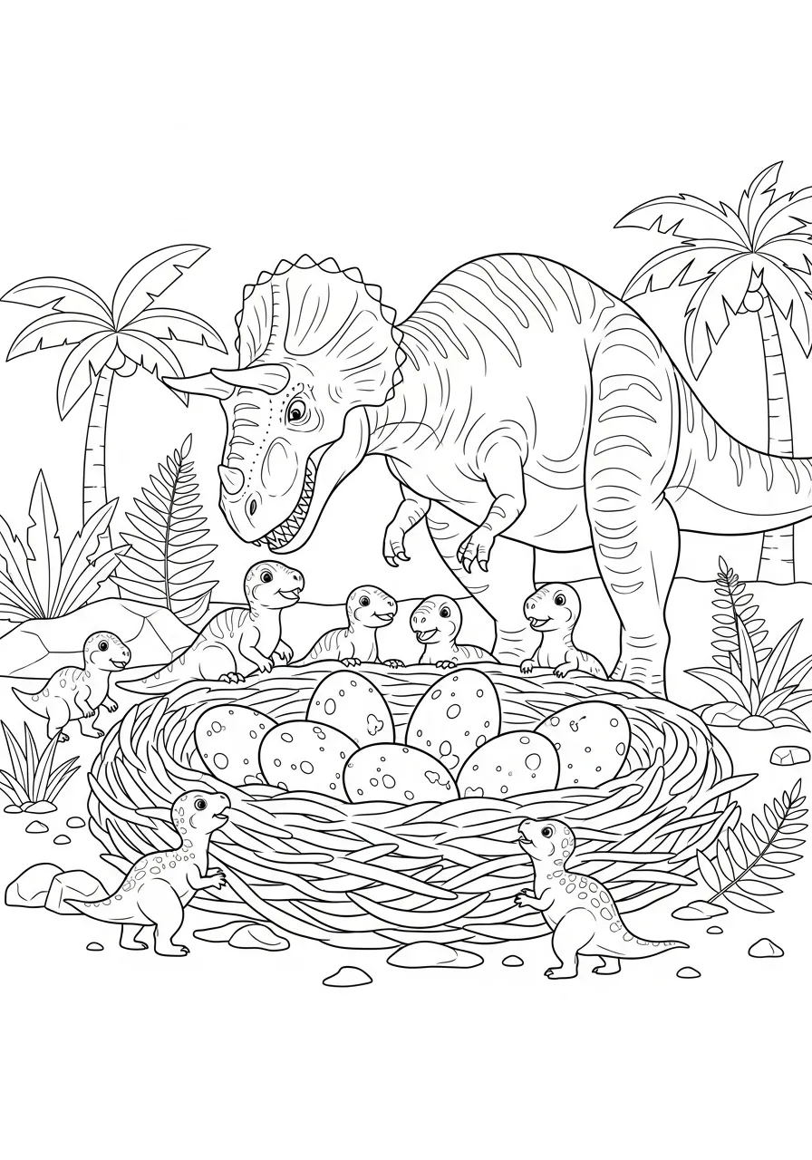 Desenho de um Triceratops com filhotes ao redor de um ninho de ovos para colorir
