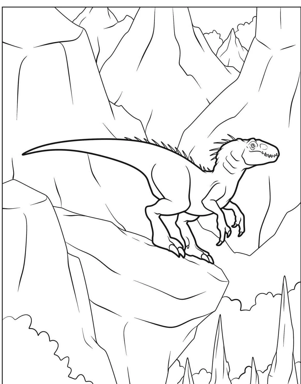 Desenho para colorir de um dinossauro velociraptor em uma paisagem montanhosa