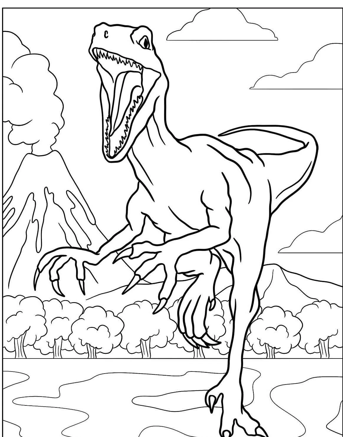 Desenho de um velociraptor em um cenário pré-histórico com um vulcão ao fundo