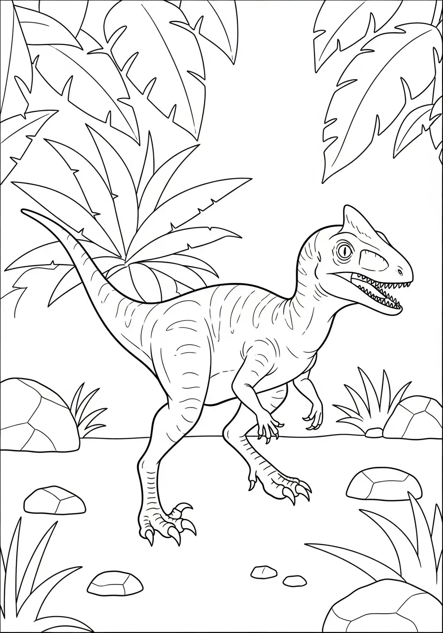 Desenho de um Velociraptor em meio a plantas e pedras para colorir