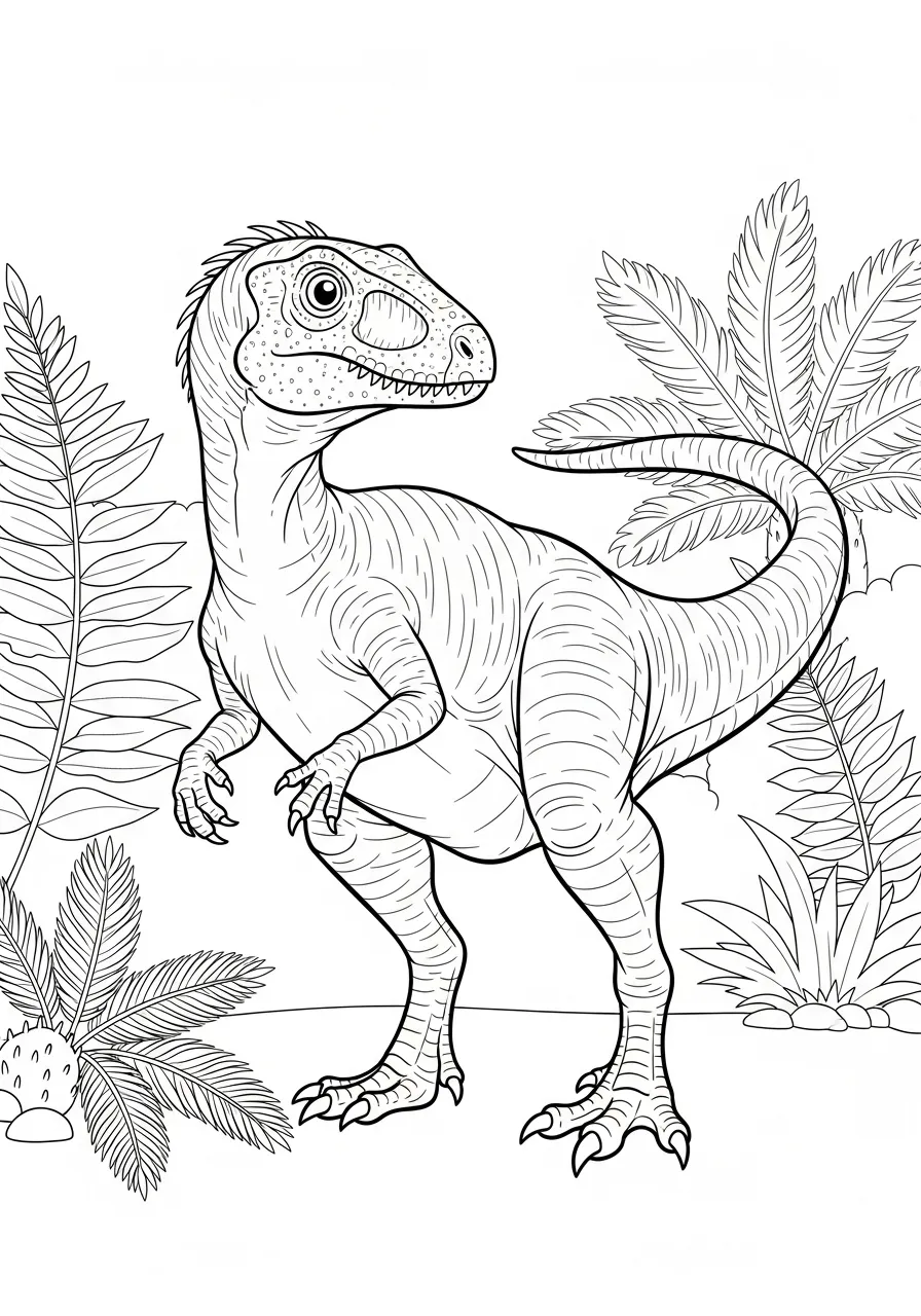 Desenho de um velociraptor em um ambiente de floresta, pronto para ser colorido.