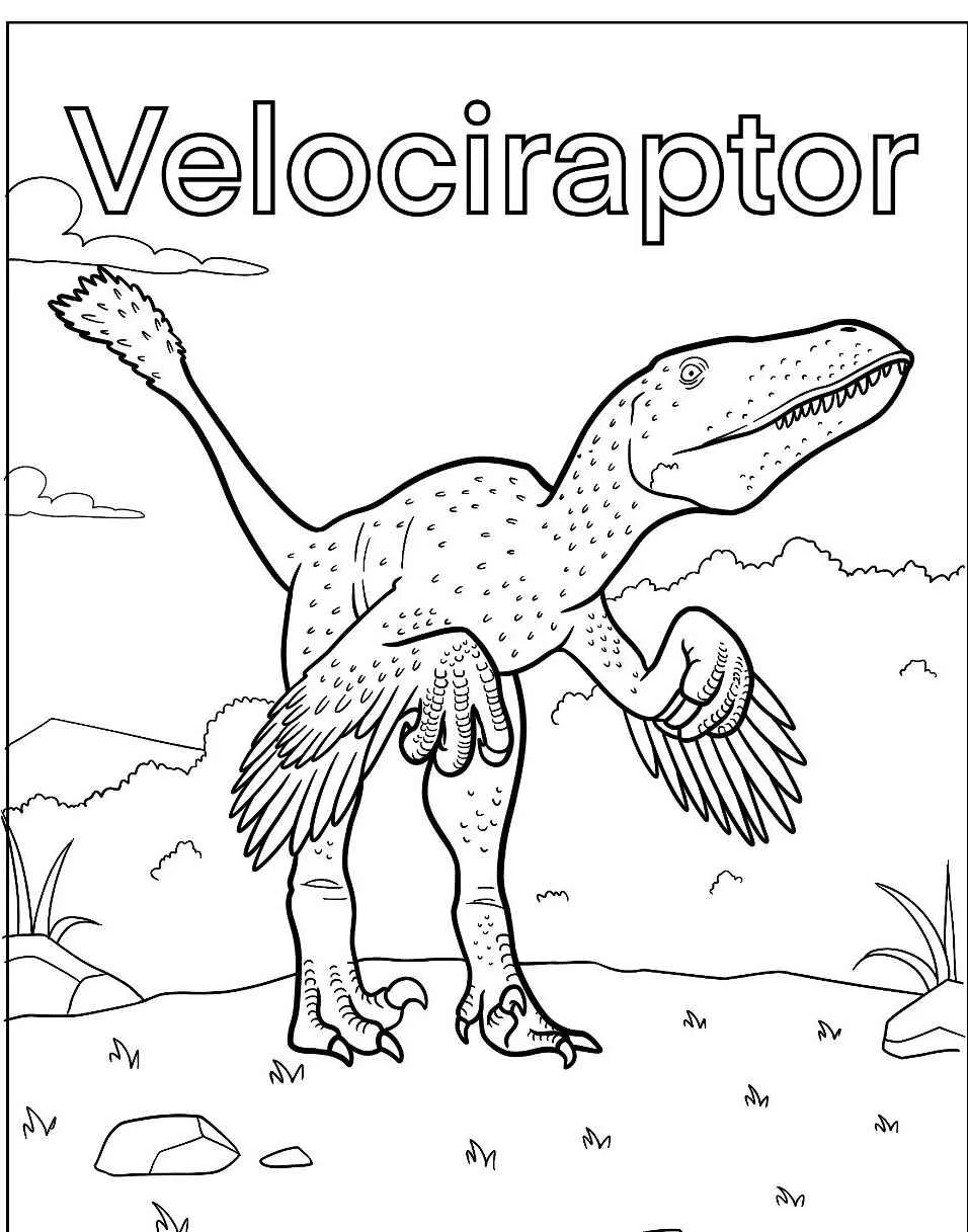 Desenho de um Velociraptor para colorir, com detalhes de suas garras e penas.