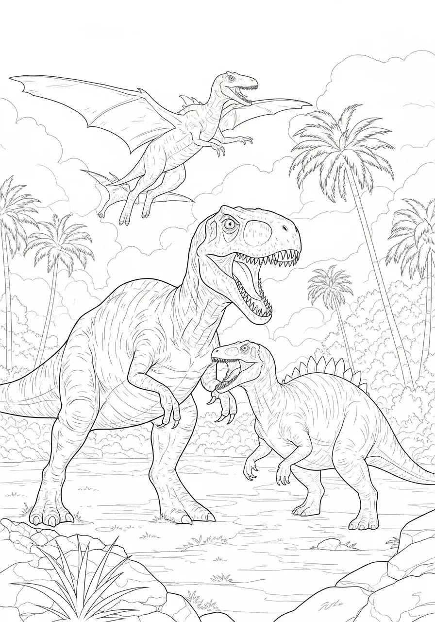 Desenho para colorir de dinossauros incluindo T-Rex, Pterodáctilo e Stegosaurus em um ambiente pré-histórico