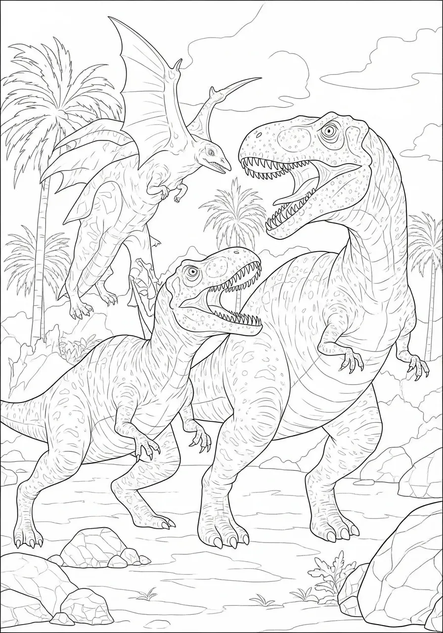 Desenho de dinossauros T-Rex e Pterodáctilo em um cenário pré-histórico para colorir