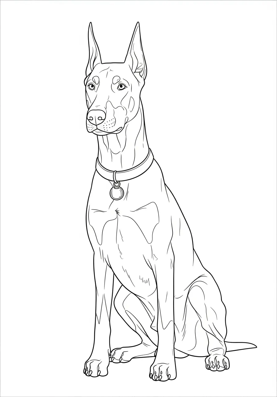Desenho de um Doberman sentado com coleira para colorir