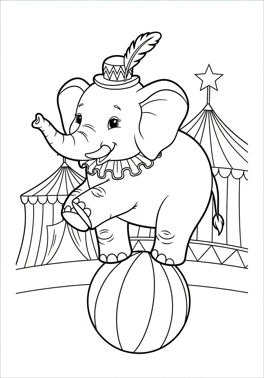Desenho de um elefante acrobata em um circo, equilibrando-se em uma bola