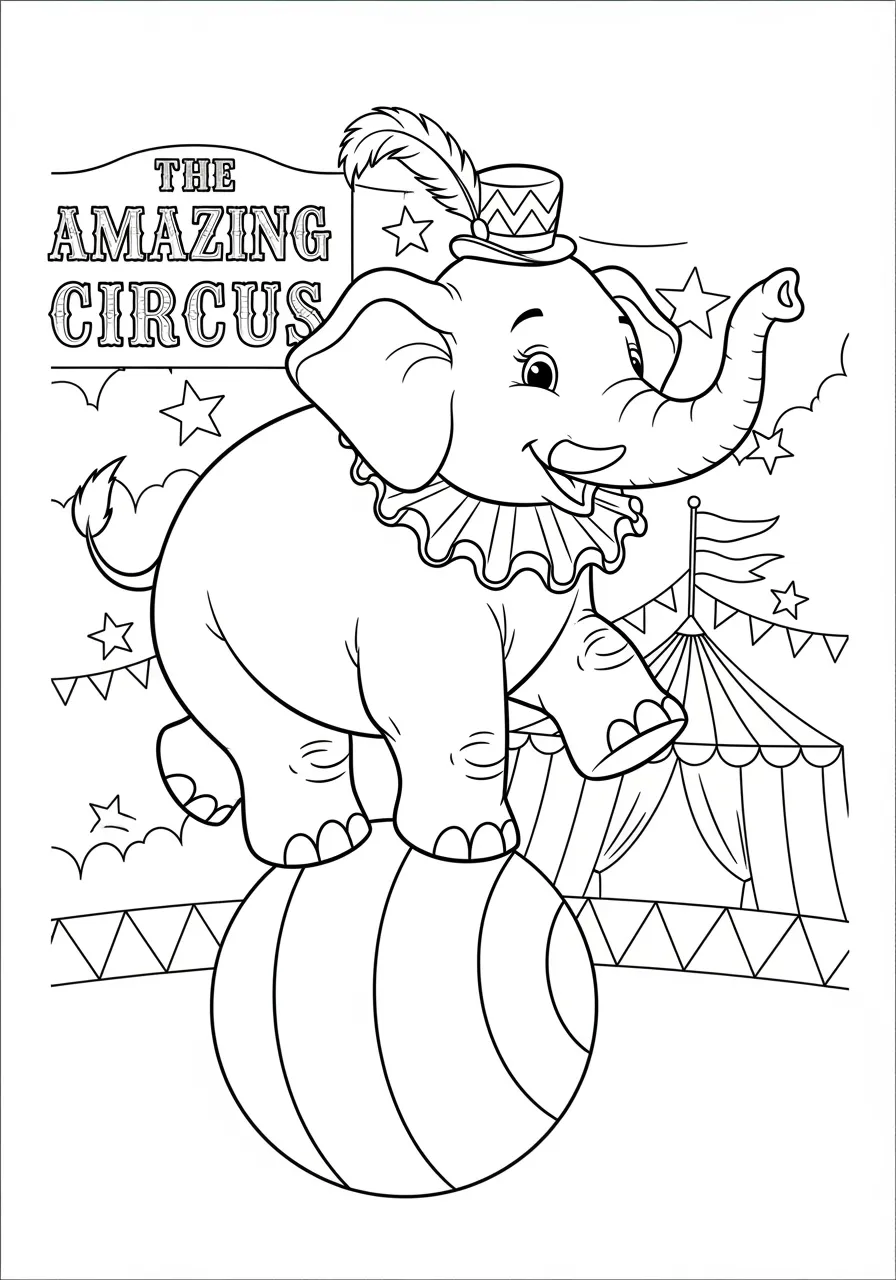 Desenho de um elefante acrobata em um circo, pronto para ser colorido.