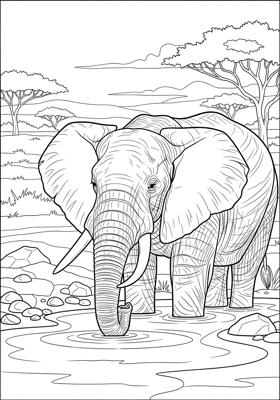 Desenho de um elefante bebê se refrescando em um lago, ideal para colorir.