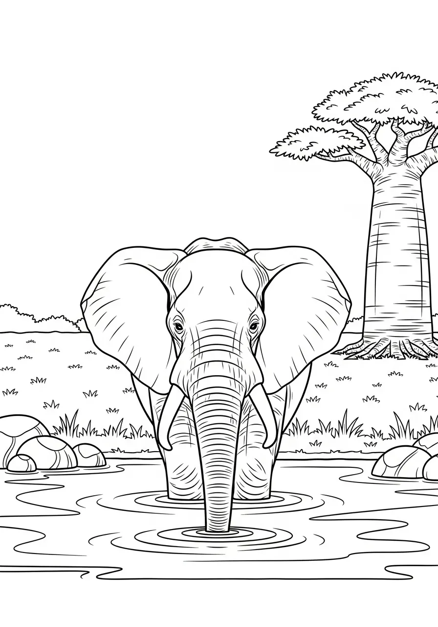 Desenho de um elefante bebê se divertindo em um lago rodeado por árvores