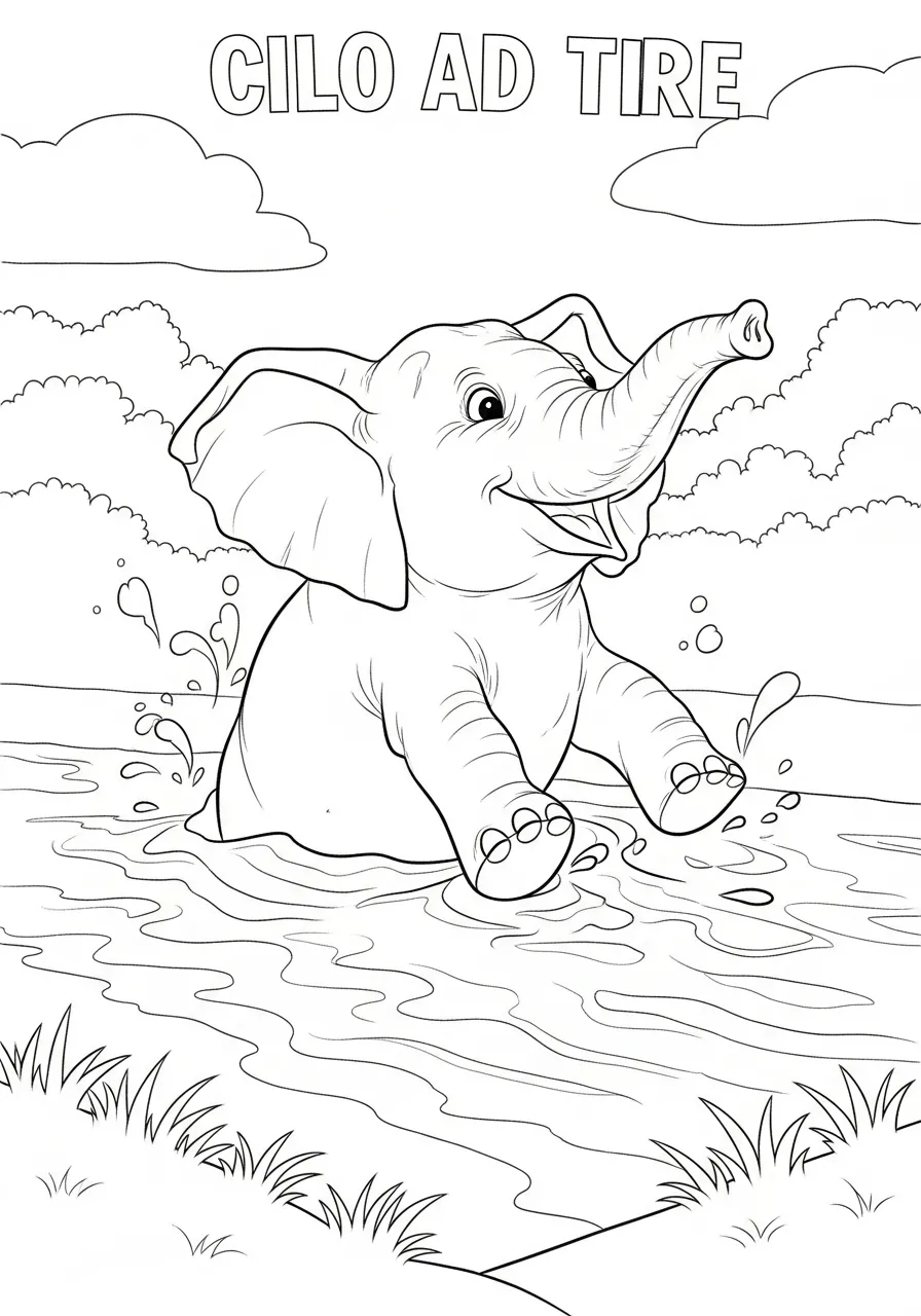 Desenho de um elefante feliz brincando na água, ideal para colorir.