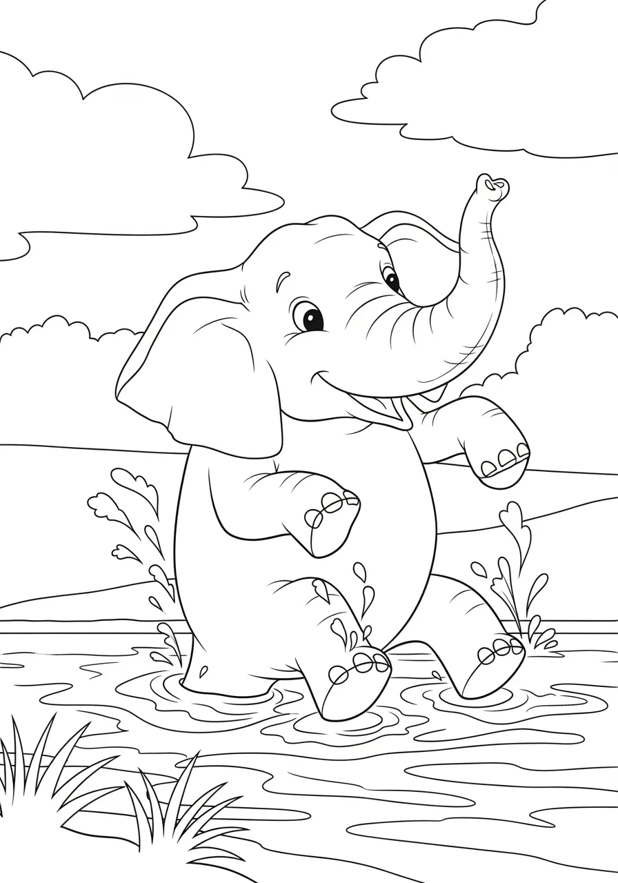 Desenho de um elefante feliz brincando na água com respingos